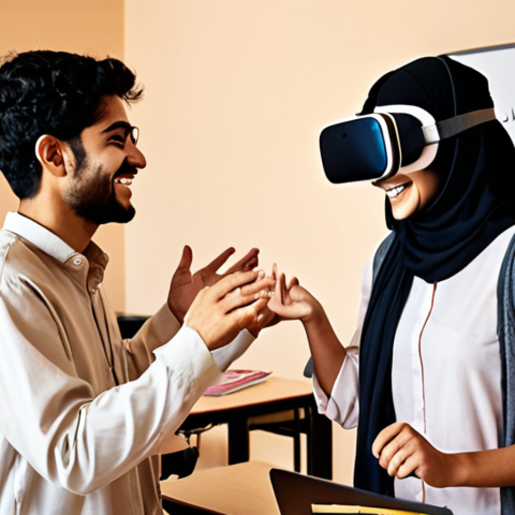 **Prompt:** A warm and inviting virtual classroom scene with Arabic calligraphy art subtly integrated. Students are collaboratively working on a project, some using VR headsets. An instructor is smiling and offering encouraging gestures to a student who appears to be struggling slightly. Soft, supportive lighting with earthy tones. Depict a sense of community and encouragement. Style: Warm, inviting, slightly painterly.