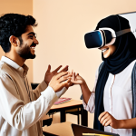**Prompt:** A warm and inviting virtual classroom scene with Arabic calligraphy art subtly integrated. Students are collaboratively working on a project, some using VR headsets. An instructor is smiling and offering encouraging gestures to a student who appears to be struggling slightly. Soft, supportive lighting with earthy tones. Depict a sense of community and encouragement. Style: Warm, inviting, slightly painterly.
