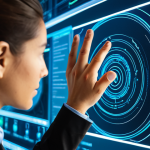 A professional individual, fully clothed in a modest business suit, deeply focused while interacting with a holographic display showing complex data visualizations within a high-tech simulation room. The scene emphasizes innovation and active problem-solving in a digital learning environment, reflecting modern educational technologies. The individual's hands are well-formed and naturally posed, demonstrating engagement with the interface. The background is sleek and futuristic, reflecting advanced technology and a professional setting. Safe for work, appropriate content, fully clothed, professional, perfect anatomy, correct proportions, natural pose, well-formed hands, proper finger count, natural body proportions, professional photography, high quality.