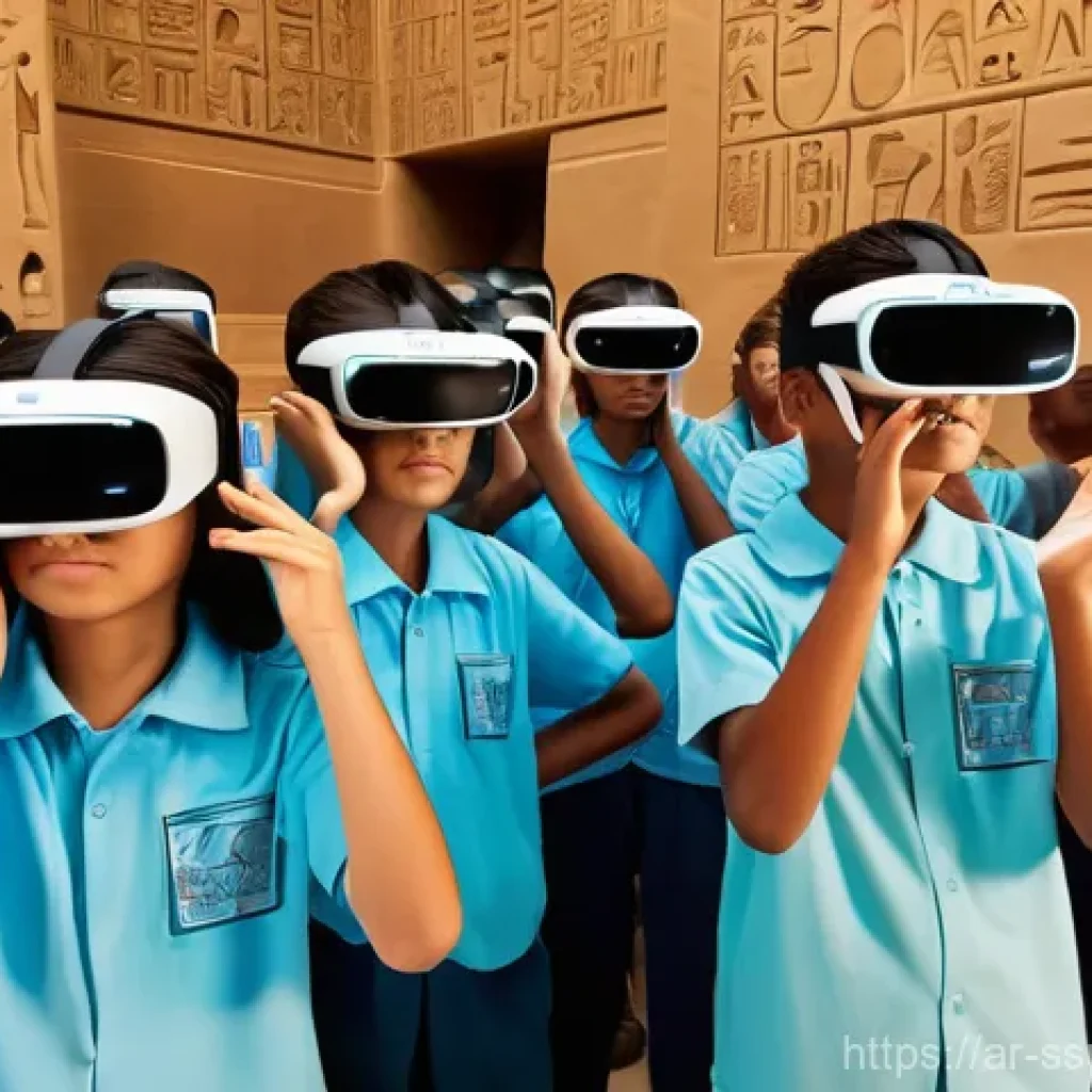 몰입형 학습의 성공적인 사례 분석 - **Prompt:** A diverse group of middle school students, wearing sleek, modern virtual reality headset...