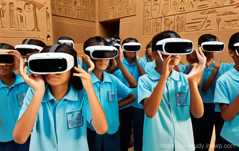 몰입형 학습의 성공적인 사례 분석 - **Prompt:** A diverse group of middle school students, wearing sleek, modern virtual reality headset...
