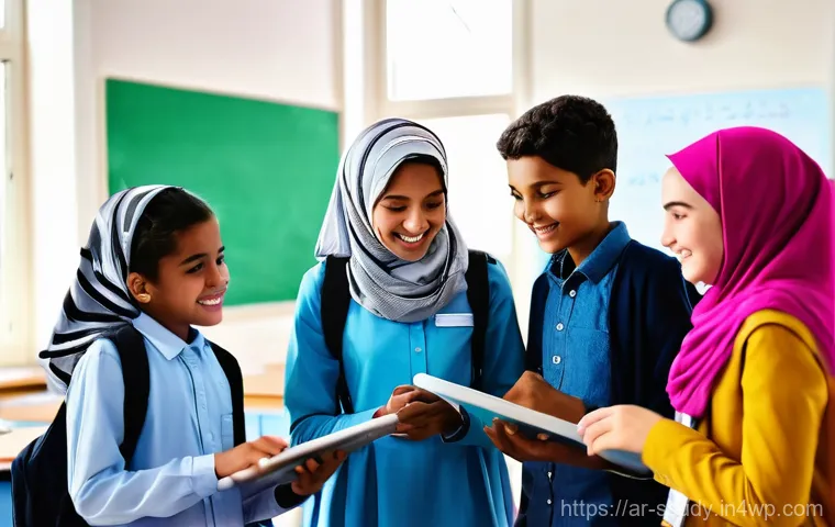 학생 참여를 높이는 몰입형 학습 기법 - **Prompt:** A diverse group of male and female students, aged 10-14, dressed in modern, modest schoo...