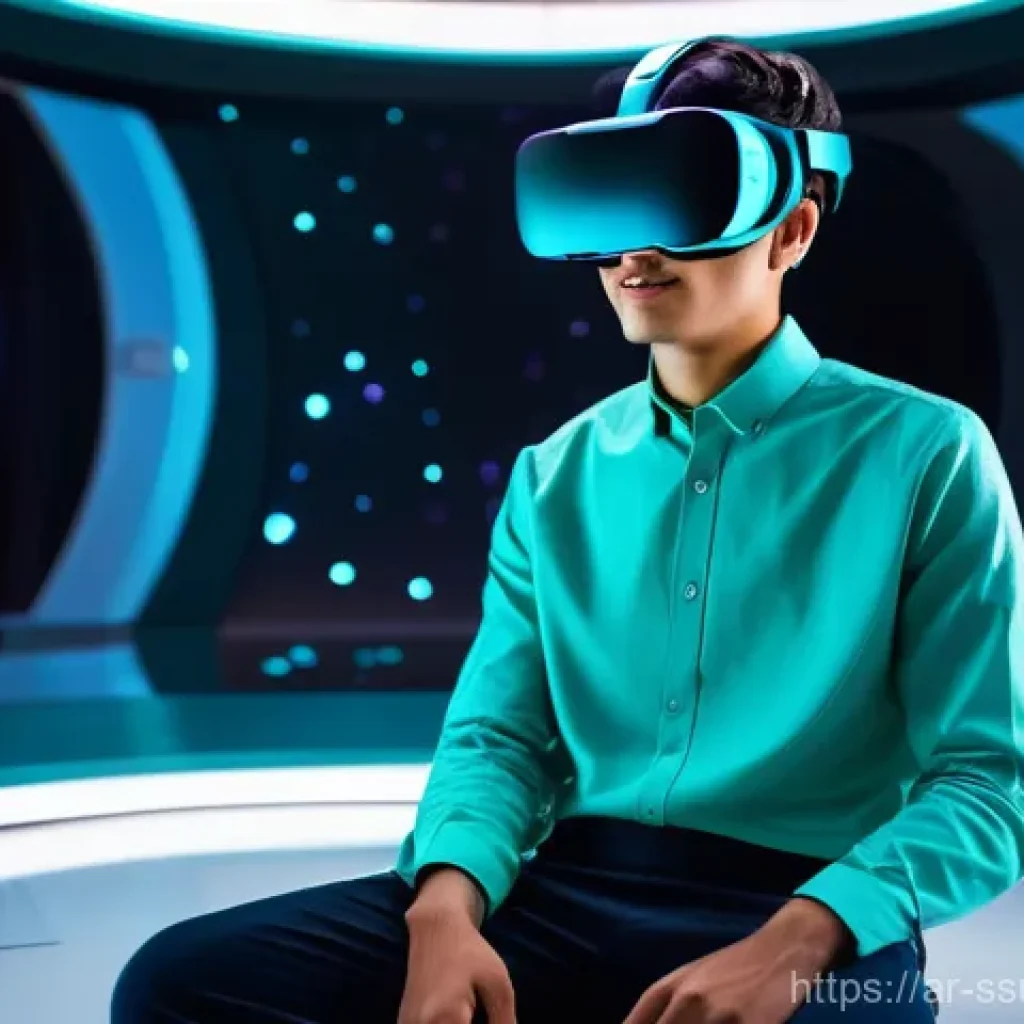 몰입형 학습 환경에서의 지속 가능한 발전 - A young Arab male student, approximately 16 years old, with short dark hair, wearing a clean, modern...