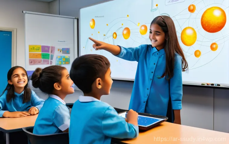 몰입형 학습 환경에서의 지속 가능한 발전 - A diverse group of four Arab teachers (two males and two females, ranging from 30s to 50s), dressed ...