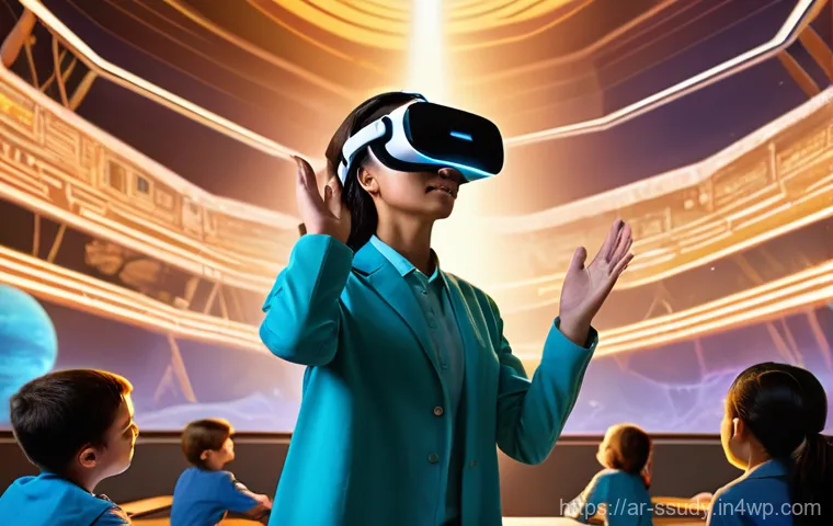 몰입형 학습에서의 교사의 역할 - **Prompt 1: The Guiding Light in Virtual Realms**
    "A vibrant, high-definition digital painting d...