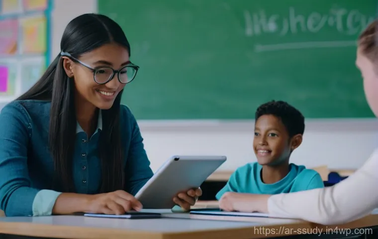 몰입형 학습에서의 교사의 역할 - **Prompt 2: Empowering Educators in Digital Skill Development**
    "A realistic photograph of a pro...