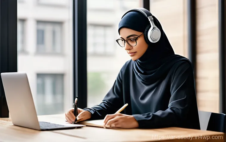 몰입형 학습 환경의 장애물 극복 전략 - **Prompt 1: Focused Learning in a Modern Setting**
    "A an adult of Arab descent, wearing stylish ...