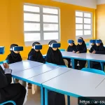 Home 21 몰입형 학습과 기술의 융합 - A modern classroom scene in a Middle Eastern school where Arab students wearing modest clothing and ...
