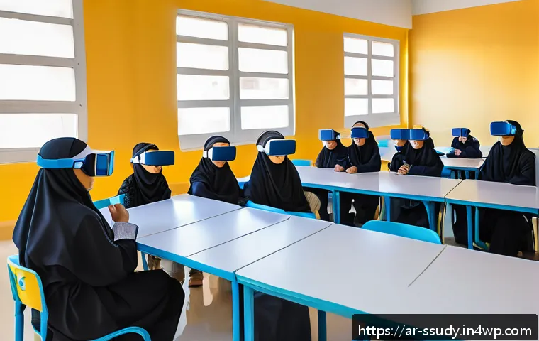 몰입형 학습과 기술의 융합 - A modern classroom scene in a Middle Eastern school where Arab students wearing modest clothing and ...