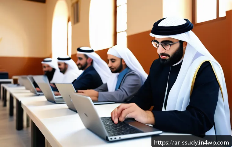 개인화된 몰입형 학습 프로그램 설계 - A modern Arabic-language e-learning classroom scene showing a diverse group of adult learners engage...