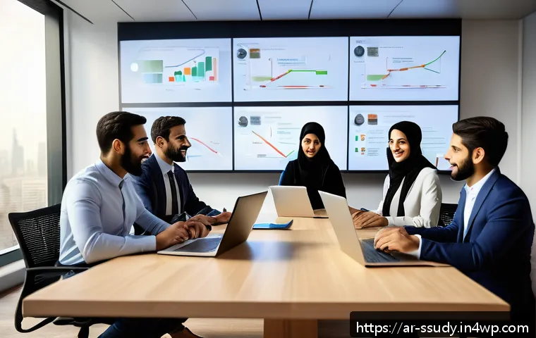 협력적 문제 해결을 위한 몰입형 학습 기법 - A diverse group of Middle Eastern professionals collaborating in a modern virtual meeting room, with...