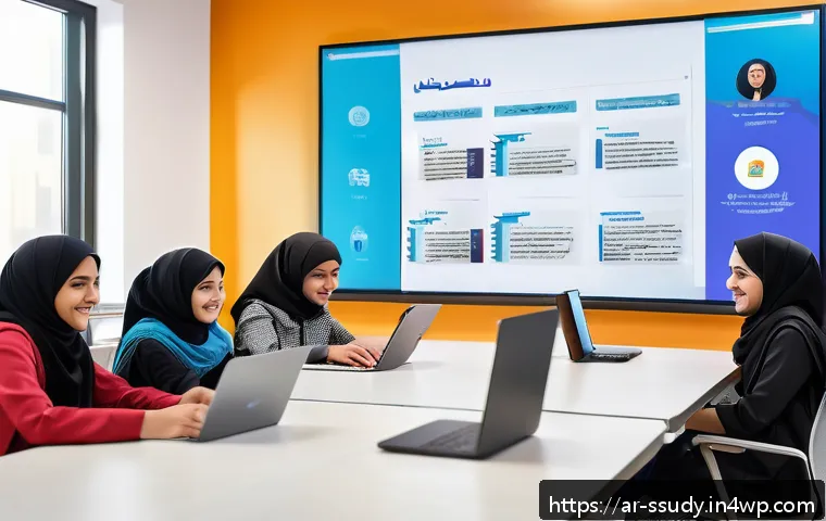 몰입형 학습을 위한 협력적 학습 모델 - A vibrant classroom scene in a modern Arab educational setting, showing diverse students actively en...