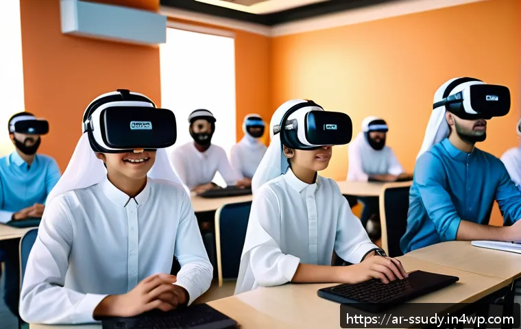 몰입형 학습 환경의 확장성 및 지속 가능성 - A modern Arabic classroom scene with diverse students wearing modest clothing and VR headsets, activ...