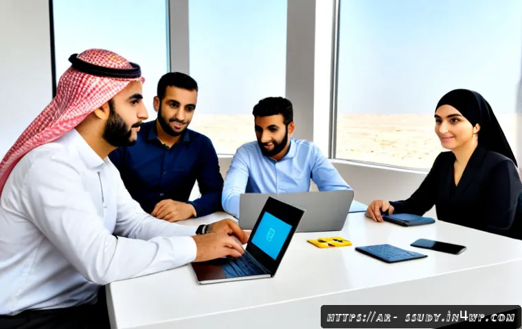 몰입형 학습을 위한 비즈니스 모델 개발 - Photorealistic modern business workshop in a Gulf Arab innovation hub, diverse Arab entrepreneurs in...